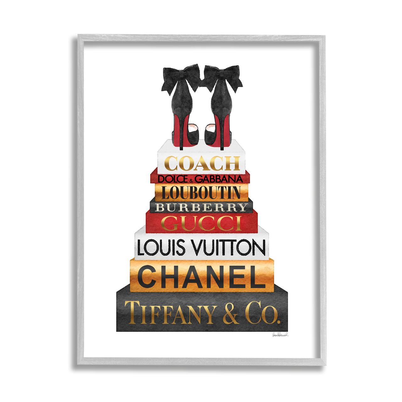 Stupell Industries Designer Bow Heels on Deluxe Glam Bookstack Framed Wall Art